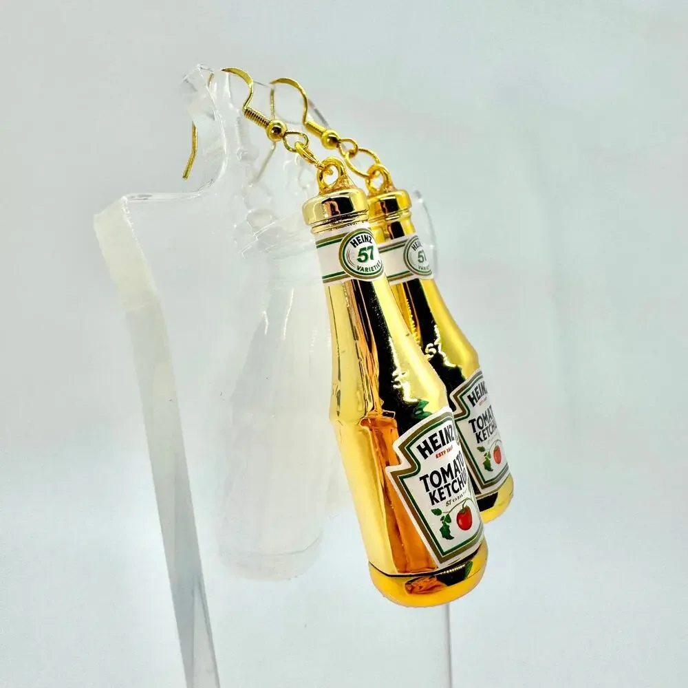 Gold Ketchup Earrings - Metallic Condiment Dangles - Funky Foodcore Aesthetic